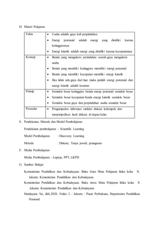 D. Materi Pelajaran
Fakta  Usaha adalah gaya kali perpindahan
 Energi potensial adalah energi yang dimiliki karena
ketinggiannya
 Energi kinetik adalah energi yang dimiliki karena kecepatannya
Konsep  Benda yang mengalami perindahan searah gaya mengalami
usaha
 Benda yang memiliki ketinggian memiliki energi potensial
 Benda yang memiliki kecepatan memiliki energi kinetik
 Jika tidak ada gaya dari luar maka jumlah energi potensial dan
energi kinetik adalah konstan
Prinsip  Semakin besar ketinggian benda energi potensial semakin besar
 Semakin besar kecepatan benda energi kinetik semakin besar
 Semakin besar gaya dan perpindahan usaha semakin besar
Prosedur  Pengumpulan informasi melalui diskusi kelompok dan
menyimpulkan hasil diskusi di depan kelas
E. Pendekatan, Metode dan Model Pembelajaran
Pendekatan pembelajaran : Scientific Learning
Model Pembelajaran : Discovery Learning
Metode : Diskusi, Tanya jawab, penugasan
F. Media Pembelajaran
Media Pembelajaran : Laptop, PPT, LKPD
G. Sumber Belajar
Kementerian Pendidikan dan Kebudayaan. Buku Guru Mata Pelajaran fisika kelas X.
Jakarta: Kementerian Pendidikan dan Kebudayaan.
Kementerian Pendidikan dan Kebudayaan. Buku siswa Mata Pelajaran fisika kelas X
.Jakarta: Kementerian Pendidikan dan Kebudayaan
Handayani, Sri, dkk.2020. Fisika 2 : Jakarta : Pusat Perbukuan, Departemen Pendidikan
Nasional
 