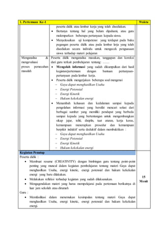 1. Pertemuan Ke-1 Waktu
peserta didik atau lembar kerja yang telah disediakan.
 Bertanya tentang hal yang belum dipahami, atau guru
melemparkan beberapa pertanyaan kepada siswa.
 Menyelesaikan uji kompetensi yang terdapat pada buku
pegangan peserta didik atau pada lembar lerja yang telah
disediakan secara individu untuk mengecek penguasaan
siswa terhadap materi pelajaran
Menganalisa &
mengevaluasi
proses pemecahan
masalah
Peserta didik menganalisa masukan, tanggapan dan koreksi
dari guru terkait pembelajaran tentang: ……
 Mengolah informasi yang sudah dikumpulkan dari hasil
kegiatan/pertemuan dengan bantuan pertanyaan-
pertanyaan pada lembar kerja.
 Peserta didik mengerjakan beberapa soal mengenai
 Gaya dapat menghasilkan Usaha
 Energi Potensial
 Energi Kinetik
 Hukum kekekalan energi
 Menambah keluasan dan kedalaman sampai kepada
pengolahan informasi yang bersifat mencari solusi dari
berbagai sumber yang memiliki pendapat yang berbeda
sampai kepada yang bertentangan untuk mengembangkan
sikap jujur, teliti, disiplin, taat aturan, kerja keras,
kemampuan menerapkan prosedur dan kemampuan
berpikir induktif serta deduktif dalam membuktikan :
 Gaya dapat menghasilkan Usaha
 Energi Potensial
 Energi Kinetik
 Hukum kekekalan energi
Kegiatan Penutup
Peserta didik :
 Membuat resume (CREATIVITY) dengan bimbingan guru tentang point-point
penting yang muncul dalam kegiatan pembelajaran tentang materi Gaya dapat
menghasilkan Usaha, energi kinetic, energi potensial dan hukum kekekalan
energi yang baru dilakukan.
 Melakukan refleksi terhadap kegiatan yang sudah dilaksanakan.
 Mengagendakan materi yang harus mempelajarai pada pertemuan berikutnya di
luar jam sekolah atau dirumah
Guru :
 Memfasilitasi dalam menemukan kesimpulan tentang materi Gaya dapat
menghasilkan Usaha, energi kinetic, energi potensial dan hukum kekekalan
energi.
15
Menit
 