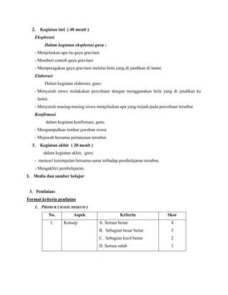 2. Kegiatan inti ( 40 menit )
Eksplorasi
Dalam kegiatan eksplorasi guru :
- Menjelaskan apa itu gaya gravitasi
- Memberi contoh gaya gravitasi
- Memperagakan gaya gravitasi melalui bola yang di jatuhkan di lantai
Elaborasi
Dalam kegiatan elaborasi, guru:
- Menyuruh siswa melakukan percobaan dengan menggunakan bola yang di jatuhkan ke
lantai.
- Menyuruh masing-masing siswa menjelaskan apa yang terjadi pada percobaan tersebut
Konfirmasi
dalam kegiatan konfirmasi, guru:
- Mengumpulkan lembar jawaban siswa
- Mejawab bersama pertanyaan tersebut.
3. Kegiatan akhir ( 20 menit )
dalam kegiatan akhir, guru:
- mencari kesimpulan bersama-sama terhadap pembelajaran tersebut.
- Mengakhiri pembelajaran.
I. Media dan sumber belajar
3. Penilaian:
Format kriteria penilaian
1. PRODUK ( HASIL DISKUSI )
No. Aspek Kriteria Skor
1. Konsep A. Semua benar
B. Sebagian besar benar
C. Sebagian kecil benar
D. Semua salah
4
3
2
1
 