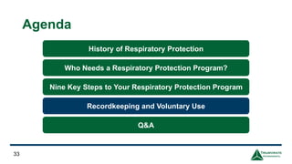 Agenda
33
History of Respiratory Protection
Who Needs a Respiratory Protection Program?
Nine Key Steps to Your Respiratory Protection Program
Recordkeeping and Voluntary Use
Q&A
 