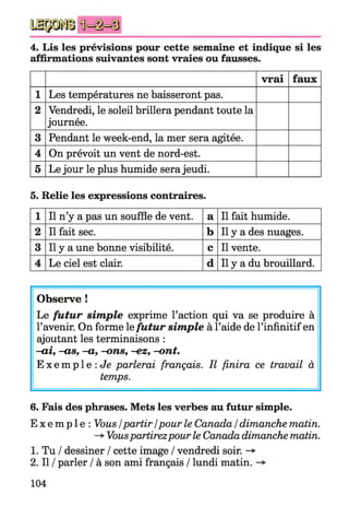 4. Lis les prévisions pour cette semaine et indique si les
affirmations suivantes sont vraies ou fausses.
vrai faux
1 Les températures ne baisseront pas.
2 Vendredi, le soleil brillera pendant toute la
journée.
3 Pendant le week-end, la mer sera agitée.
4 On prévoit un vent de nord-est.
5 Le jour le plus humide sera jeudi.
5. Relie les expressions contraires.
1 Il n’y a pas un souffle de vent. a Il fait humide.
2 Il fait sec. b Il y a des nuages.
3 Il y a une bonne visibilité. c Il vente.
4 Le ciel est clair. d Il y a du brouillard.
Observe !
Le futur simple exprime l’action qui va se produire à
l’avenir. On forme le futur simple à l’aide de l’infinitif en
ajoutant les terminaisons :
-ai, -os, -a, -ons, -ez, -ont.
E x e m p l e : Je parlerai français. Il finira ce travail à
temps.
6. Fais des phrases. Mets les verbes au futur simple.
E x e m p l e : Vous /partir /pour le Canada / dimanche matin.
-> Vouspartirezpour le Canadadimanche matin.
1. Tu / dessiner / cette image / vendredi soir. -*
2. Il / parler / à son ami français / lundi matin.
104
 