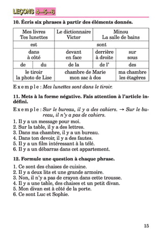 A
10. Ecris six phrases à partir des éléments donnés.
Mes livres
Tes lunettes
Le dictionnaire
Victor
Minou
La salle de bains
est sont
dans devant derrière sur
V A i /
a cote en face à droite sous
de du de la de 1’ des
le tiroir chambre de Marie ma chambre
la photo de Lise mon sac à dos les étagères
E x e m p l e : Mes lunettes sont dans le tiroir.
11. Mets à la forme négative. Fais attention à l’article in­
défini.
E x e m p l e : Sur le bureau, il y a des cahiers. -> Sur le bu­
reau, il n’y apas de cahiers.
1. Il y a un message pour moi.
2. Sur la table, il y a des lettres.
3. Dans ma chambre, il y a un bureau.
4. Dans ton devoir, il y a des fautes.
5. Il y a un film intéressant à la télé.
6. Il y a un débarras dans cet appartement.
12. Formule une question à chaque phrase.
1. Ce sont des chaises de cuisine.
2. Il y a deux lits et une grande armoire.
3. Non, il n’y a pas de crayon dans cette trousse.
4. Il y a une table, des chaises et un petit divan.
5. Mon divan est à côté de la porte.
6. Ce sont Luc et Sophie.
15
 