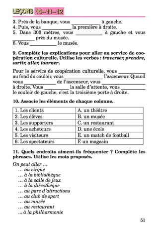 3. Près de la banque, vous____________ à gauche.
4. Puis, vous_____________ la première à droite.
5. Dans 300 mètres, vous ____________ à gauche et vous
__________près du musée.
6. Vous____________ le musée.
9. Complète les explications pour aller au service de coo­
pération culturelle. Utilise les verbes : traverser, prendre,
sortir, aller, tourner.
Pour le service de coopération culturelle, vou s___________
au fond du couloir, vous_________________l’ascenseur. Quand
vous______________ de l’ascenseur, vous___________________
à droite. Vous___________ la salle d’attente, vous__________
le couloir de gauche, c’est la troisième porte à droite.
10. Associe les éléments de chaque colonne.
1. Les clients A. un théâtre
2. Les élèves B. un musée
3. Les supporters C. un restaurant
4. Les acheteurs D. une école
5. Les visiteurs E. un match de football
6. Les spectateurs F. un magasin
11. Quels endroits aiment-ils fréquenter ? Complète les
phrases. Utilise les mots proposés.
Onpeut aller ...
...au cirque
... à la bibliothèque
... à la salle dejeux
... à la discothèque
...au parc d’attractions
...au club de sport
...au musée
...au restaurant
...à laphilharmonie
51
 
