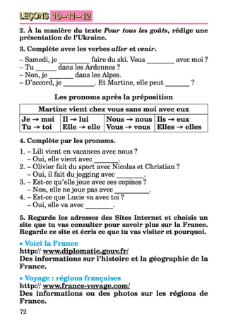 V
2. A la manière du texte Pour tous les goûts, rédige une
présentation de l’Ukraine.
3. Complète avec les verbes aller et venir.
- Samedi, je __________faire du ski.Vous_________ avec moi ?
- T u dans les Ardennes ?
- Non, j e ________dans les Alpes.
- D’accord, je _________ . Et Martine, ellepeut________ ?
Les pronoms après la préposition
Martine vient chez vous sans moi avec eux
Je moi
Tu -> toi
Il lui
Elle -> elle
Nous -> nous
Vous -> vous
Ils -> eux
Elles -> elles
4. Complète par les pronoms.
1. - Lili vient en vacances avec nous ?
- Oui, elle vient avec_______ .
2. - Olivier fait du sport avec Nicolas et Christian ?
- Oui, il fait du jogging avec________ .
3. - Est-ce qu’elle joue avec ses copines ?
- Non, elle ne joue pas avec__________ .
4. - Est-ce que Lucie va avec toi ?
- Oui, elle va avec________ .
5. Regarde les adresses des Sites Internet et choisis un
site que tu vas consulter pour savoir plus sur la France.
Regarde ce site et écris ce que tu vas visiter et pourquoi.
• Voici la France
http:// www.diplomatie.gouv.fr/
Des informations sur l’histoire et la géographie de la
France.
• Voyage : régions françaises
http:// www.france-vovage.com/
Des informations ou des photos sur les régions de
France.
72
 