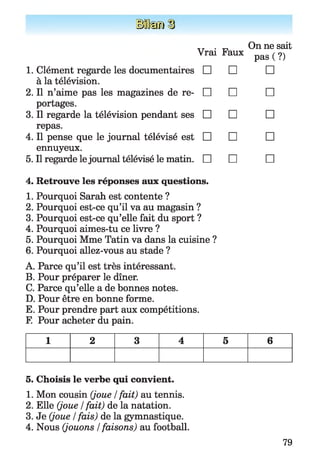 I fe fil
_ . _ On ne sait
Vrai Faux pas ( ?)
1. Clément regarde les documentaires □ □ □
à la télévision.
2. Il n’aime pas les magazines de re­ □ □ □
portages.
3. Il regarde la télévision pendant ses □ □ □
repas.
4. Il pense que le journal télévisé est □ □ □
ennuyeux.
5. Il regarde lejournal télévisé le matin. □ □ □
4. Retrouve les réponses aux questions.
1. Pourquoi Sarah est contente ?
2. Pourquoi est-ce qu’il va au magasin ?
3. Pourquoi est-ce qu’elle fait du sport ?
4. Pourquoi aimes-tu ce livre ?
5. Pourquoi Mme Tatin va dans la cuisine ?
6. Pourquoi allez-vous au stade ?
A. Parce qu’il est très intéressant.
B. Pour préparer le dîner.
C. Parce qu’elle a de bonnes notes.
D. Pour être en bonne forme.
E. Pour prendre part aux compétitions.
F. Pour acheter du pain.
1 2 3 4 5 6
5. Choisis le verbe qui convient.
1. Mon cousin (joue / fait) au tennis.
2. Elle (joue Ifait) de la natation.
3. Je (joue /fais) de la gymnastique.
4. Nous (jouons /faisons) au football.
79
 