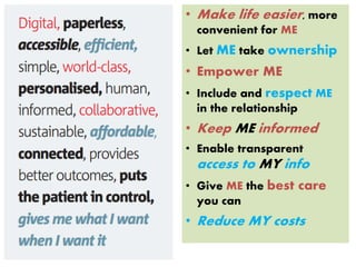• Make life easier, more
convenient for ME
• Let ME take ownership
• Empower ME
• Include and respect ME
in the relationship
• Keep ME informed
• Enable transparent
access to MY info
• Give ME the best care
you can
• Reduce MY costs
 