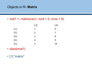• mat1 <- matrix(vec1, ncol = 2, nrow = 5)
• class(mat1)
• [1] "matrix"
Objects in R- Matrix
[,1] [,2]
[1,] 1 6
[2,] 2 7
[3,] 3 8
[4,] 4 9
[5,] 5 10
 