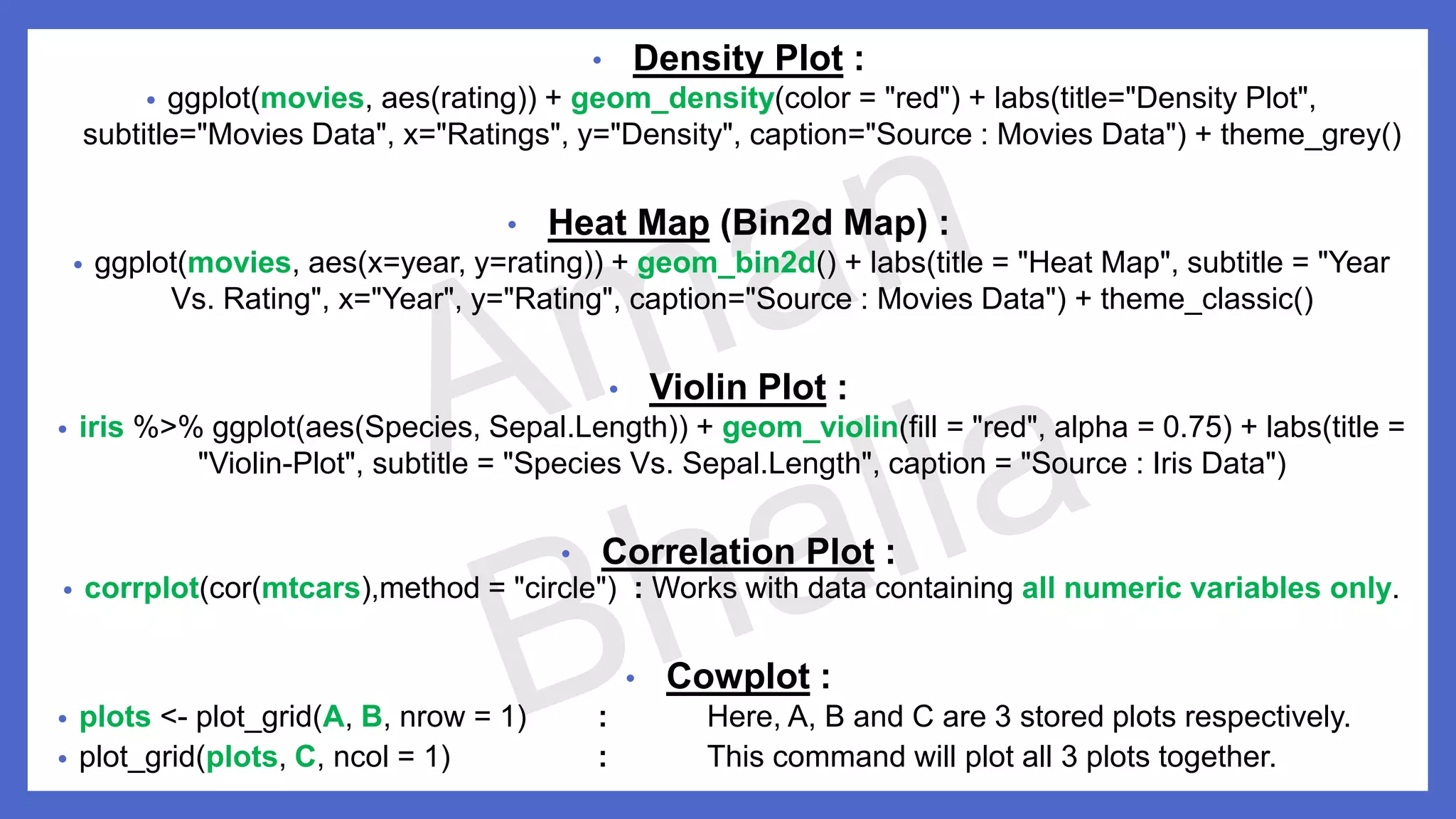 • Density Plot : • ggplot(movies, aes(rating)) + geom_density(color = "red") + labs(title="Density Plot", subtitle="Movies Data", x="Ratings", y="Density", caption="Source : Movies Data") + theme_grey() • Heat Map (Bin2d Map) : • ggplot(movies, aes(x=year, y=rating)) + geom_bin2d() + labs(title = "Heat Map", subtitle = "Year Vs. Rating", x="Year", y="Rating", caption="Source : Movies Data") + theme_classic() • Violin Plot : • iris %>% ggplot(aes(Species, Sepal.Length)) + geom_violin(fill = "red", alpha = 0.75) + labs(title = "Violin-Plot", subtitle = "Species Vs. Sepal.Length", caption = "Source : Iris Data") • Correlation Plot : • corrplot(cor(mtcars),method = "circle") : Works with data containing all numeric variables only. • Cowplot : • plots <- plot_grid(A, B, nrow = 1) : Here, A, B and C are 3 stored plots respectively. • plot_grid(plots, C, ncol = 1) : This command will plot all 3 plots together. 