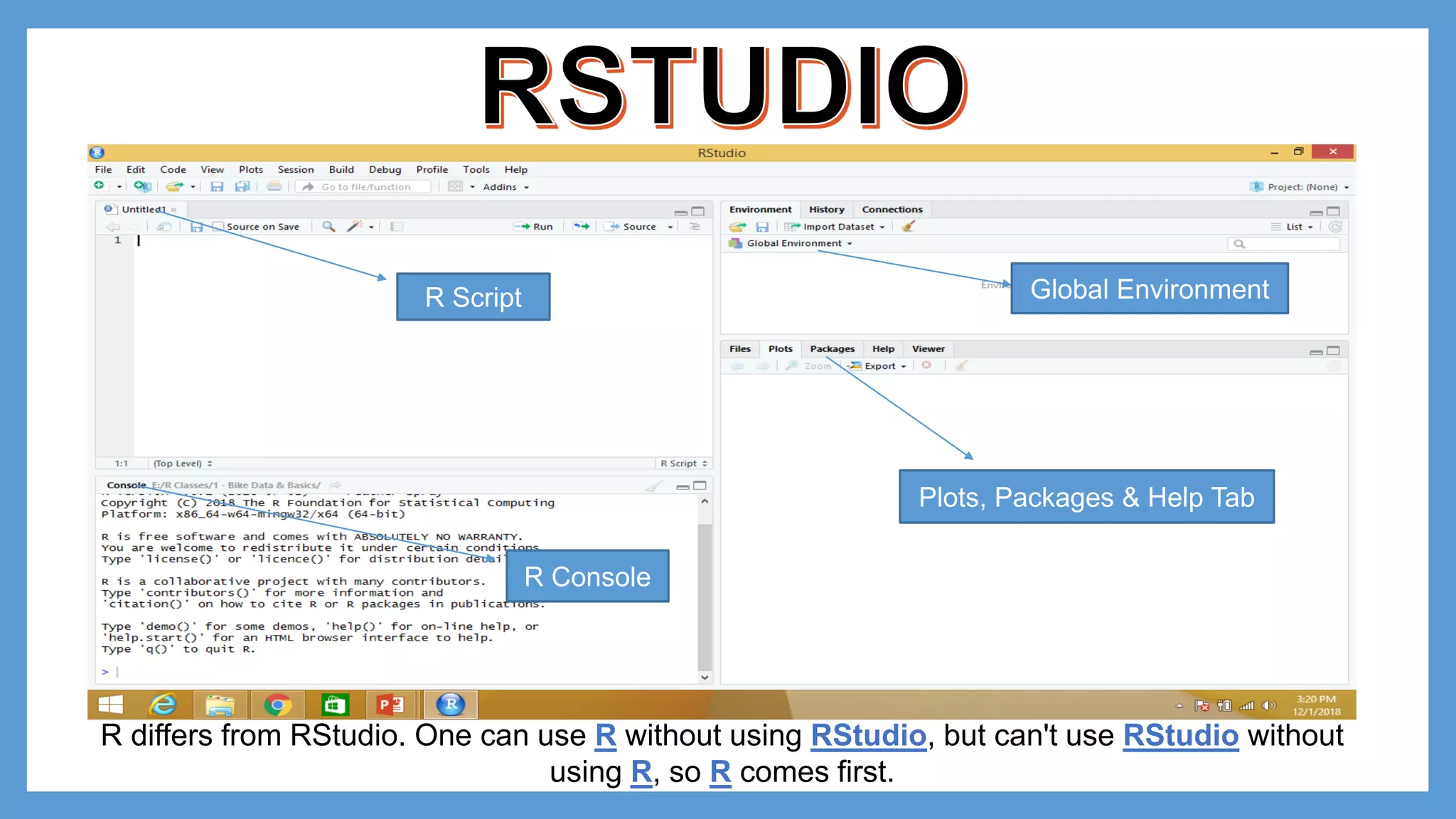 R Script R Console Global Environment R differs from RStudio. One can use R without using RStudio, but can't use RStudio without using R, so R comes first. Plots, Packages & Help Tab 