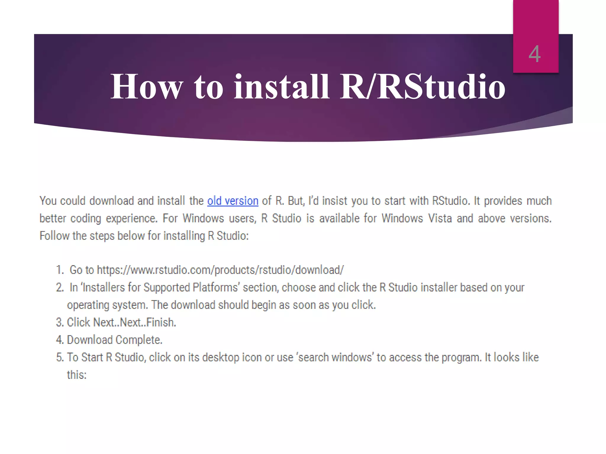 How to install R/RStudio
4