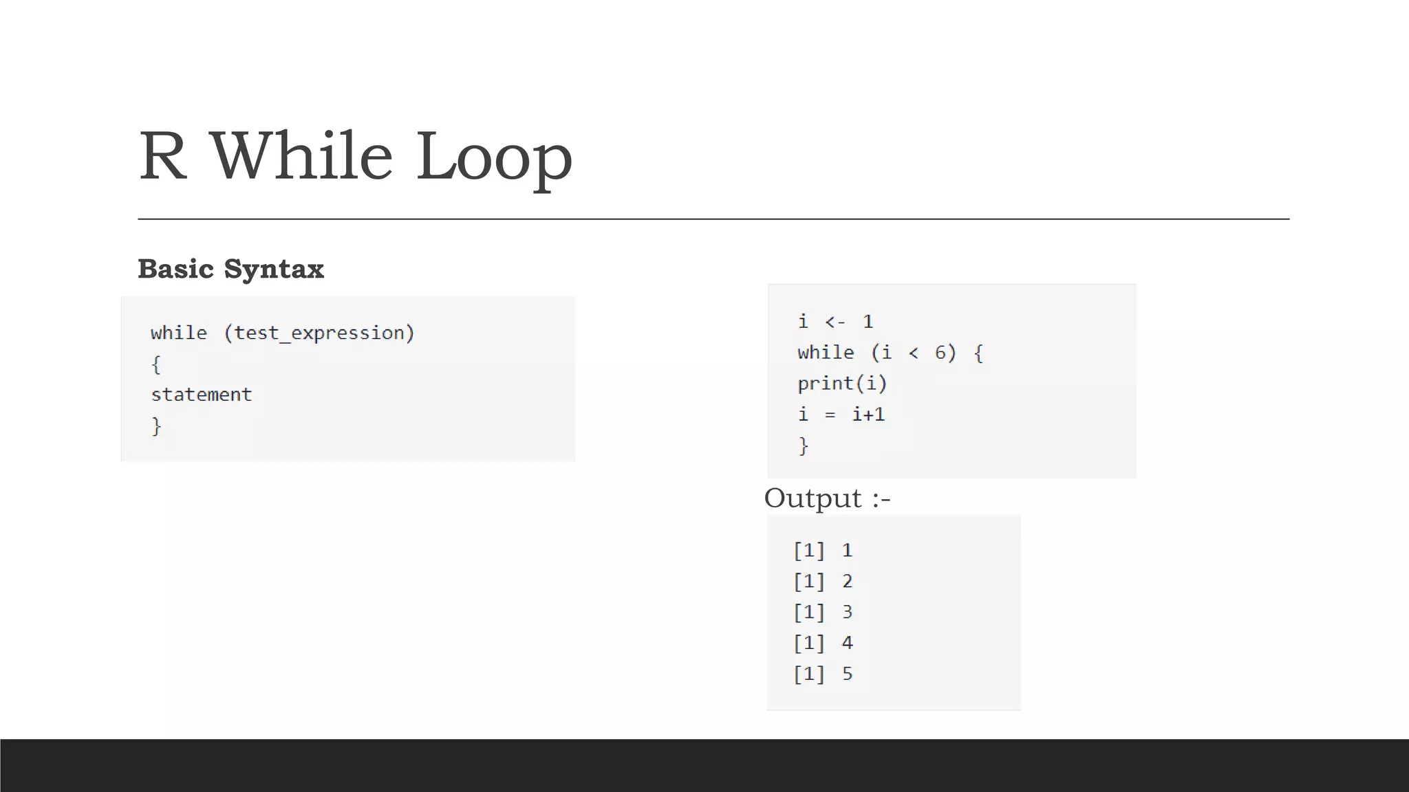 R While Loop
Basic Syntax
Output :-
 