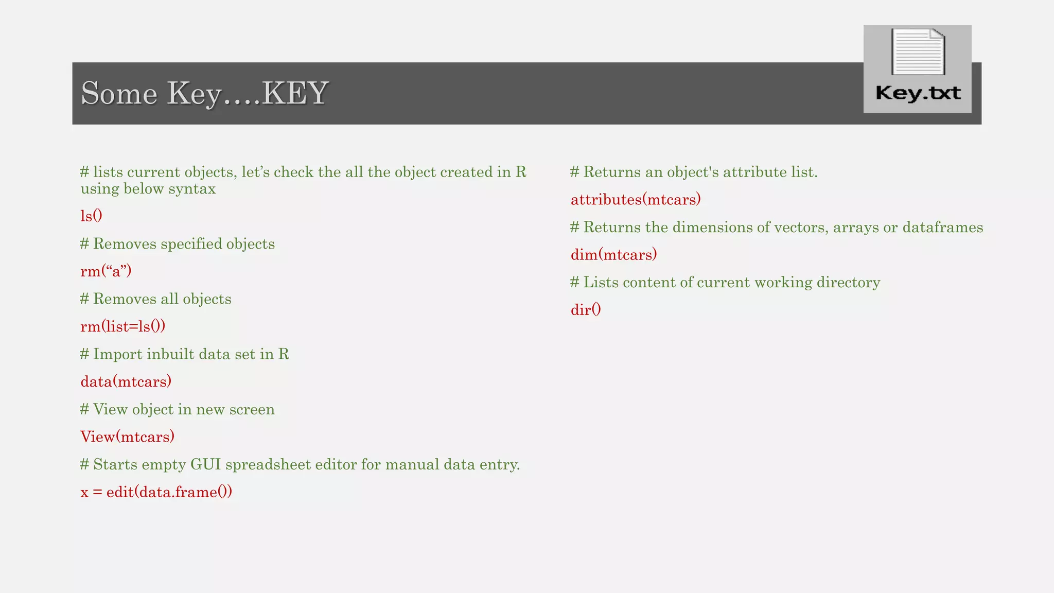 # lists current objects, let’s check the all the object created in R
using below syntax
ls()
# Removes specified objects
rm(“a”)
# Removes all objects
rm(list=ls())
# Import inbuilt data set in R
data(mtcars)
# View object in new screen
View(mtcars)
# Starts empty GUI spreadsheet editor for manual data entry.
x = edit(data.frame())
# Returns an object's attribute list.
attributes(mtcars)
# Returns the dimensions of vectors, arrays or dataframes
dim(mtcars)
# Lists content of current working directory
dir()
Some Key….KEY
 