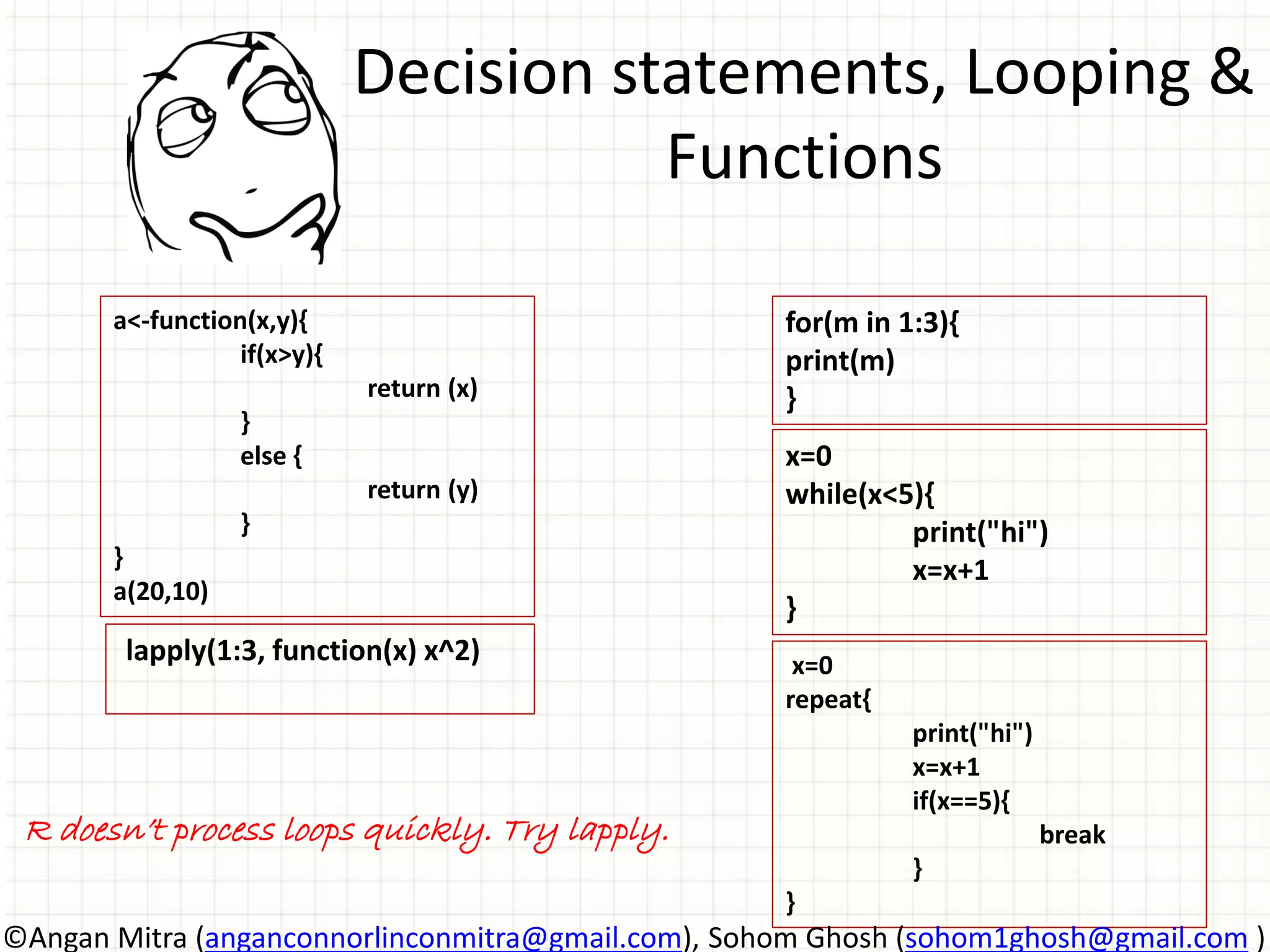 Decision statements, Looping & Functions a<-function(x,y){ if(x>y){ return (x) } else { return (y) } } a(20,10) for(m in 1:3){ print(m) } x=0 while(x<5){ print("hi") x=x+1 } lapply(1:3, function(x) x^2) x=0 repeat{ print("hi") x=x+1 if(x==5){ break } } R doesn’t process loops quickly. Try lapply. ©Angan Mitra (anganconnorlinconmitra@gmail.com), Sohom Ghosh (sohom1ghosh@gmail.com ) 