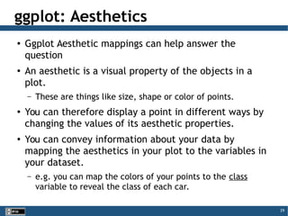 29
ggplot: Aesthetics
● Ggplot Aesthetic mappings can help answer the
question
● An aesthetic is a visual property of the objects in a
plot.
– These are things like size, shape or color of points.
●
You can therefore display a point in different ways by
changing the values of its aesthetic properties.
●
You can convey information about your data by
mapping the aesthetics in your plot to the variables in
your dataset.
– e.g. you can map the colors of your points to the class
variable to reveal the class of each car.
 