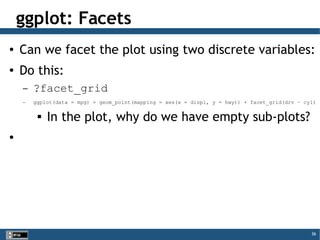 36
ggplot: Facets
● Can we facet the plot using two discrete variables:
● Do this:
– ?facet_grid
– ggplot(data = mpg) + geom_point(mapping = aes(x = displ, y = hwy)) + facet_grid(drv ~ cyl)
 In the plot, why do we have empty sub-plots?
●
 