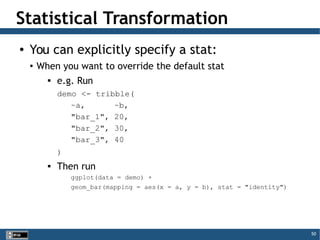 50
Statistical Transformation
● You can explicitly specify a stat:
●
When you want to override the default stat

e.g. Run
demo <- tribble(
~a, ~b,
"bar_1", 20,
"bar_2", 30,
"bar_3", 40
)

Then run
ggplot(data = demo) +
geom_bar(mapping = aes(x = a, y = b), stat = "identity")
 