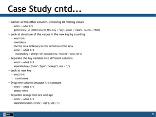 70
Case Study cntd...
● Gather all the other columns, removing all missing values
– who1 <- who %>%
gather(new_sp_m014:newrel_f65, key = "key", value = "cases", na.rm = TRUE)
● Look at structure of the values in the new key by counting
– who1 %>%
count(key)
– Use the data dictionary for the definition of the keys
– who2 <- who1 %>%
– mutate(key = stringr::str_replace(key, "newrel", "new_rel"))
● Separate the key variable into different columns
– who3 <- who2 %>%
separate(key, c("new", "type", "sexage"), sep = "_")
● Look at new key
– who3 %>%
– count(new)
●
Drop new column because it is constant
– who4 <- who3 %>%
select(-new)
●
Separate sexage into sex and age
– who5 <- who4 %>%
separate(sexage, c("sex", "age"), sep = 1)
 