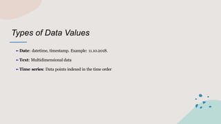 Types of Data Values
►Date: datetime, timestamp. Example: 11.10.2018.
►Text: Multidimensional data
►Time series: Data points indexed in the time order
 