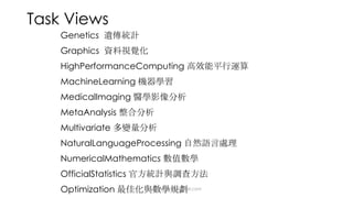 Task Views
Genetics
Graphics
HighPerformanceComputing
MachineLearning
MedicalImaging
MetaAnalysis
Multivariate
NaturalLanguageProcessing
NumericalMathematics
OfficialStatistics
Optimization dsjerry2017@gmail.com
 