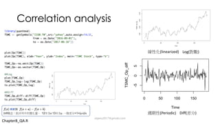 Correlation analysis
Diff( )
Log( )(linearized)
(Periodic)
Chapter8_QA.R
Diff 12 x 13 y =1+(y-x)/x
dsjerry2017@gmail.com
 