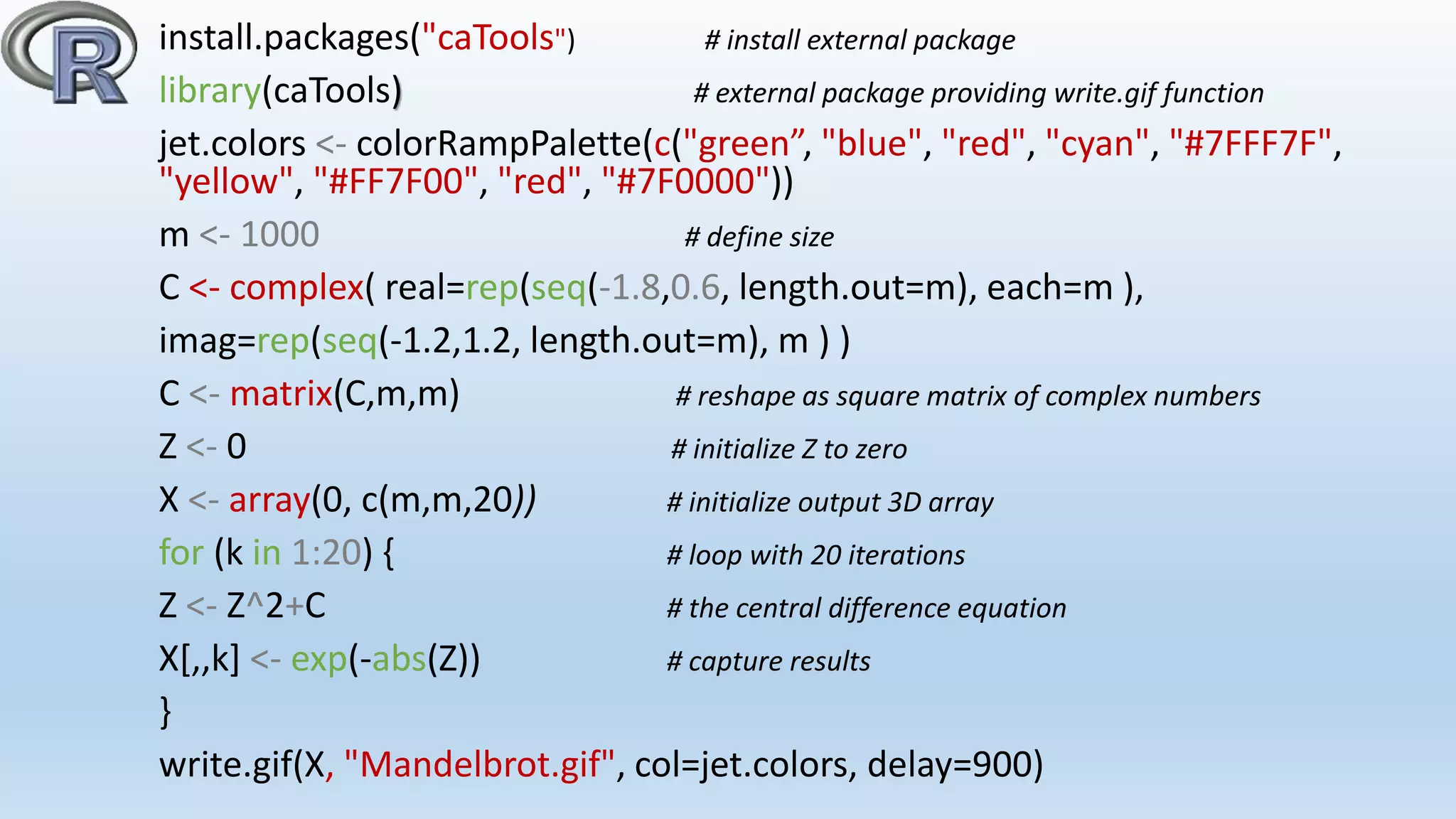 install.packages("caTools") # install external package
library(caTools) # external package providing write.gif function
jet.colors <- colorRampPalette(c("green”, "blue", "red", "cyan", "#7FFF7F",
"yellow", "#FF7F00", "red", "#7F0000"))
m <- 1000 # define size
C <- complex( real=rep(seq(-1.8,0.6, length.out=m), each=m ),
imag=rep(seq(-1.2,1.2, length.out=m), m ) )
C <- matrix(C,m,m) # reshape as square matrix of complex numbers
Z <- 0 # initialize Z to zero
X <- array(0, c(m,m,20)) # initialize output 3D array
for (k in 1:20) { # loop with 20 iterations
Z <- Z^2+C # the central difference equation
X[,,k] <- exp(-abs(Z)) # capture results
}
write.gif(X, "Mandelbrot.gif", col=jet.colors, delay=900)
 