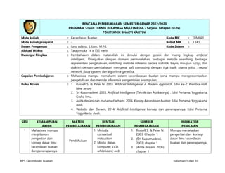 RPS Kecerdasan Buatan halaman 1 dari 10
RENCANA PEMBELAJARAN SEMESTER GENAP 2022/2023
PROGRAM STUDI TEKNIK REKAYASA MULTIMEDIA - Sarjana Terapan (D-IV)
POLITEKNIK BHAKTI KARTINI
Mata kuliah : Kecerdasan Buatan Kode MK : TRM663
Mata kuliah prasyarat : - Bobot MK : 3 SKS
Dosen Pengampu : Ibnu Adkha, S.Kom., M.Pd. Kode Dosen :
Alokasi Waktu : Tatap muka 14 x 150 menit
Deskripsi Ringkas : Pembahasan dalam matakuliah ini dimulai dengan posisi dan ruang lingkup artificial
intelligent. Dilanjutkan dengan domain permasalahan, berbagai metode searching, berbagai
representasi pengetahuan, matching, metode inferensi (secara statistik, bayes, maupun fuzzy), dan
diakhiri dengan pembahasan mengenai soft computing dengan tiga topik utama yaitu : neural
network, fuzzy system, dan algoritma genetika.
Capaian Pembelajaran : Mahasiswa mampu memahami sistem kecerdasasan buatan serta mampu merepresentasikan
pengetahuan dan metode inferensia pengambilan kesimpulan.
Buku Acuan : 1. Russell S. & Peter N. 2003. Artificial Intelligence: A Modern Approach. Edisi ke-2. Prentice-Hall,
New Jersey
2. Sri Kusumadewi, 2003. Artificial Intelligence (Teknik dan Aplikasinya) : Edisi Pertama. Yogyakarta:
Graha Ilmu.
3. Anita desiani dan muhamad arhami. 2006. Konsep Kecerdasan buatan: Edisi Pertama. Yogyakarta:
Andi.
4. Widodo dan Derwin, 2014. Artificial Intelligence konsep dan penerapannya: Edisi Pertama.
Yogyakarta: Andi.
SESI KEMAMPUAN
AKHIR
MATERI
PEMBELAJARAN
BENTUK
PEMBELAJARAN
SUMBER
PEMBELAJARAN
INDIKATOR
PENILAIAN
1 Mahasiswa mampu
menjelaskan
pengertian dan
konsep dasar ilmu
kecerdasan buatan
dan penerapannya
Pendahuluan
1. Metoda:
contextual
instruction
2. Media : kelas,
komputer, LCD,
whiteboard, web
1. Russell S. & Peter N.
2003. Chapter 1
2. (Sri Kusumadewi,
2003) chapter 1
3. (Anita desiani, 2006)
chapter 1
Mampu menjelaskan
pengertian dan konsep
dasar ilmu kecerdasan
buatan dan penerapannya
 