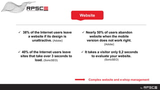 Website
 38% of the Internet users leave
a website if its design is
unattractive. (Adobe)
 Nearly 50% of users abandon
website when the mobile
version does not work right.
(Adobe)
 It takes a visitor only 0,2 seconds
to evaluate your website.
(SonicSEO)
 40% of the Internet users leave
sites that take over 3 seconds to
load. (SonicSEO)
Complex website and e-shop management
 
