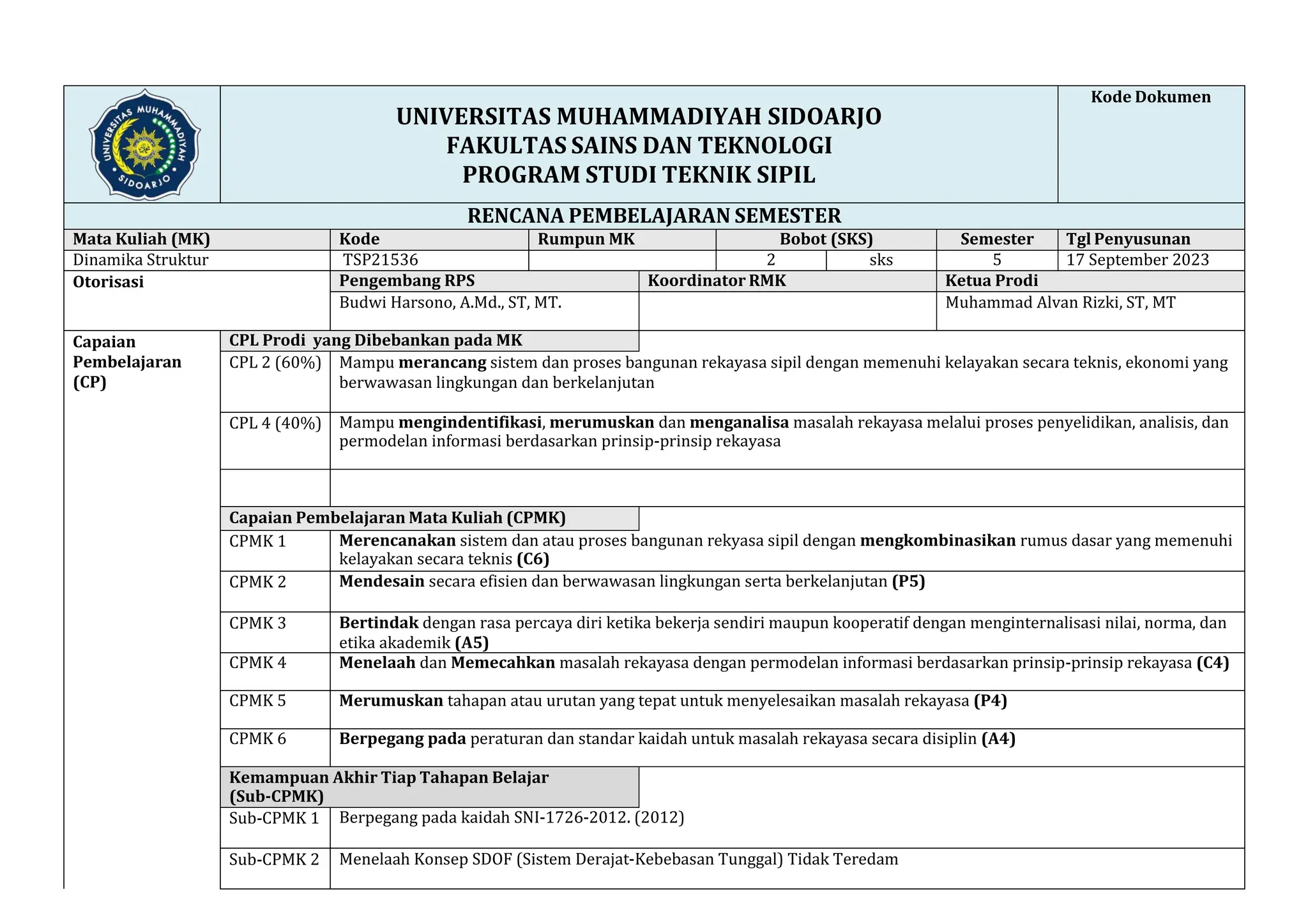RPS Dinamika Struktur sebagai mata kuliah struktur.pdf