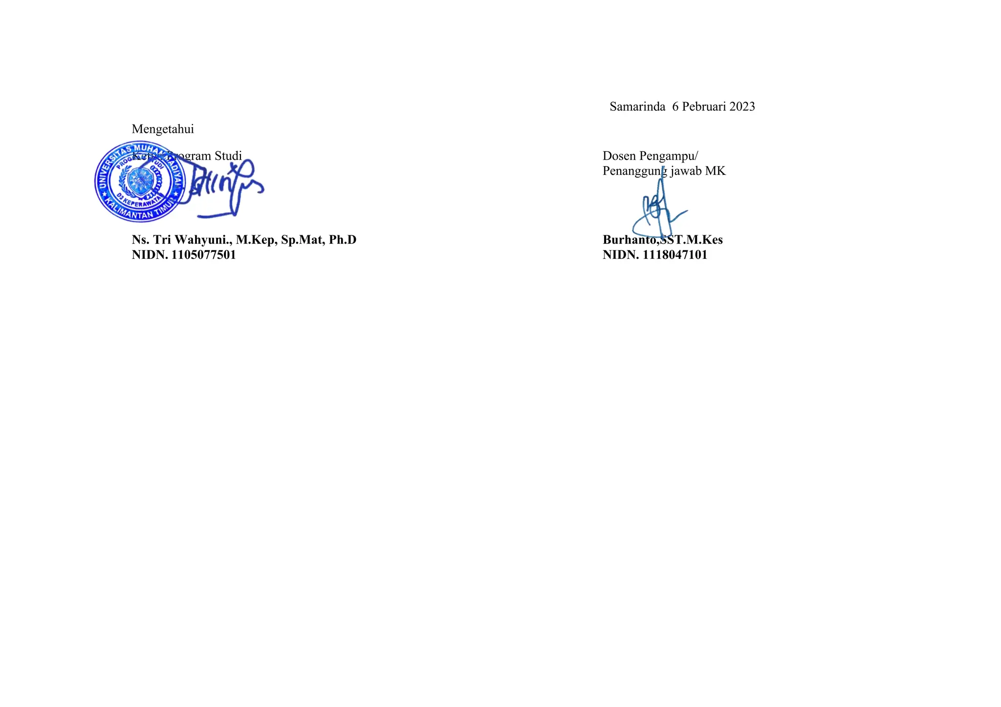 Samarinda 6 Pebruari 2023
Mengetahui
Ketua Program Studi Dosen Pengampu/
Penanggung jawab MK
Ns. Tri Wahyuni., M.Kep, Sp.Mat, Ph.D Burhanto,SST.M.Kes
NIDN. 1105077501 NIDN. 1118047101
 