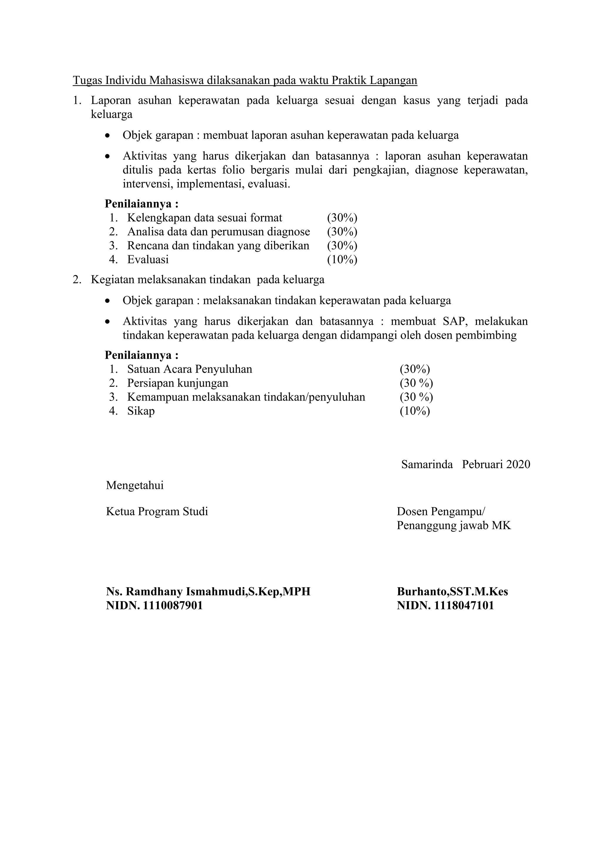 Tugas Individu Mahasiswa dilaksanakan pada waktu Praktik Lapangan
1. Laporan asuhan keperawatan pada keluarga sesuai dengan kasus yang terjadi pada
keluarga
• Objek garapan : membuat laporan asuhan keperawatan pada keluarga
• Aktivitas yang harus dikerjakan dan batasannya : laporan asuhan keperawatan
ditulis pada kertas folio bergaris mulai dari pengkajian, diagnose keperawatan,
intervensi, implementasi, evaluasi.
Penilaiannya :
1. Kelengkapan data sesuai format (30%)
2. Analisa data dan perumusan diagnose (30%)
3. Rencana dan tindakan yang diberikan (30%)
4. Evaluasi (10%)
2. Kegiatan melaksanakan tindakan pada keluarga
• Objek garapan : melaksanakan tindakan keperawatan pada keluarga
• Aktivitas yang harus dikerjakan dan batasannya : membuat SAP, melakukan
tindakan keperawatan pada keluarga dengan didampangi oleh dosen pembimbing
Penilaiannya :
1. Satuan Acara Penyuluhan (30%)
2. Persiapan kunjungan (30 %)
3. Kemampuan melaksanakan tindakan/penyuluhan (30 %)
4. Sikap (10%)
Samarinda Pebruari 2020
Mengetahui
Ketua Program Studi Dosen Pengampu/
Penanggung jawab MK
Ns. Ramdhany Ismahmudi,S.Kep,MPH Burhanto,SST.M.Kes
NIDN. 1110087901 NIDN. 1118047101
 