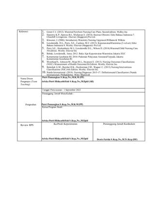 Referensi: 1. Green C.J. (2012). MaternalNewborn Nursing Care Plans. Second edition. Malloy.Inc
2. Hanretty K.P., Santoso B.I., Muliawan E. (2014). Ilustrasi Obstetri. Edisi Bahasa Indonesia 7.
Churchill Livingstone: Elsevier (Singapore) Pte.Ltd.
3. Klossner, J. (2006). Introductory Maternity Nursing. LippincottWilliams & Wilkins
4. Lowdermilk, D.L., Perry, S.E., Cashion, M.C. (2013). KeperawatanMaternitas (2-volset). Edisi
Bahasa Indonesia 8. Mosby:Elsevier (Singapore) PteLtd.
5. Perry S.E., Hockenberry M.J., Lowdermilk D.L., Wilson D. (2014).MaternalChild Nursing Care.
5th edition. Mosby:Elsevier Inc
6. Bobak, Lowdermilk, Jense. 2012. Buku Ajar Keperawatan Maternitas.Jakarta:EGC
7. Kementarian kesehatan RI. 2010. Pedoman Pelayanan AntenatalTerpadu. Jakarta:
Kementarian Kesehatan RI
8. Moorhead S., Johnson M., Maas M.L., Swanson E. (2013). Nursing Outcomes Classifications
(NOC):Measurement of Health Outcomes5th Edition. Mosby:Elsevier Inc.
9. Bulechek G.M., Butcher H.K., Dochterman J.M., Wagner C. (2013).Nursing Interventions
Classifications (NIC) 6th Edition. Mosby: Elsevier Inc.
10. Nanda International. (2014). Nursing Diagnoses 2015-17: Definitionsand Classification (Nanda
International). Philladelphia: Wiley Blackwell.
Nama Dosen
Pengampu (Team
Teaching)
Putri Pamungkas S.Kep.,Ns.,M.K.M (PP)
Ariska Putri Hidayathillah S.Kep.,Ns.,M.Epid (AR)
Pengesahan
Tanggal Penyusunan : 1 September 2022
Penanggung Jawab MataKuliah :
Putri Pamungkas S.Kep.,Ns.,M.K.M(PP)
Ketua Program Studi :
Ariska Putri Hidayathillah S.Kep.,Ns.,M.Epid
Review RPS Ka.Prodi Keperawatan
Ariska Putri Hidayathillah S.Kep.,Ns.,M.Epid
Penanggung Jawab Kurikulum
Denis Farida S.Kep.,Ns.,M.Tr.Kep (DF)
 