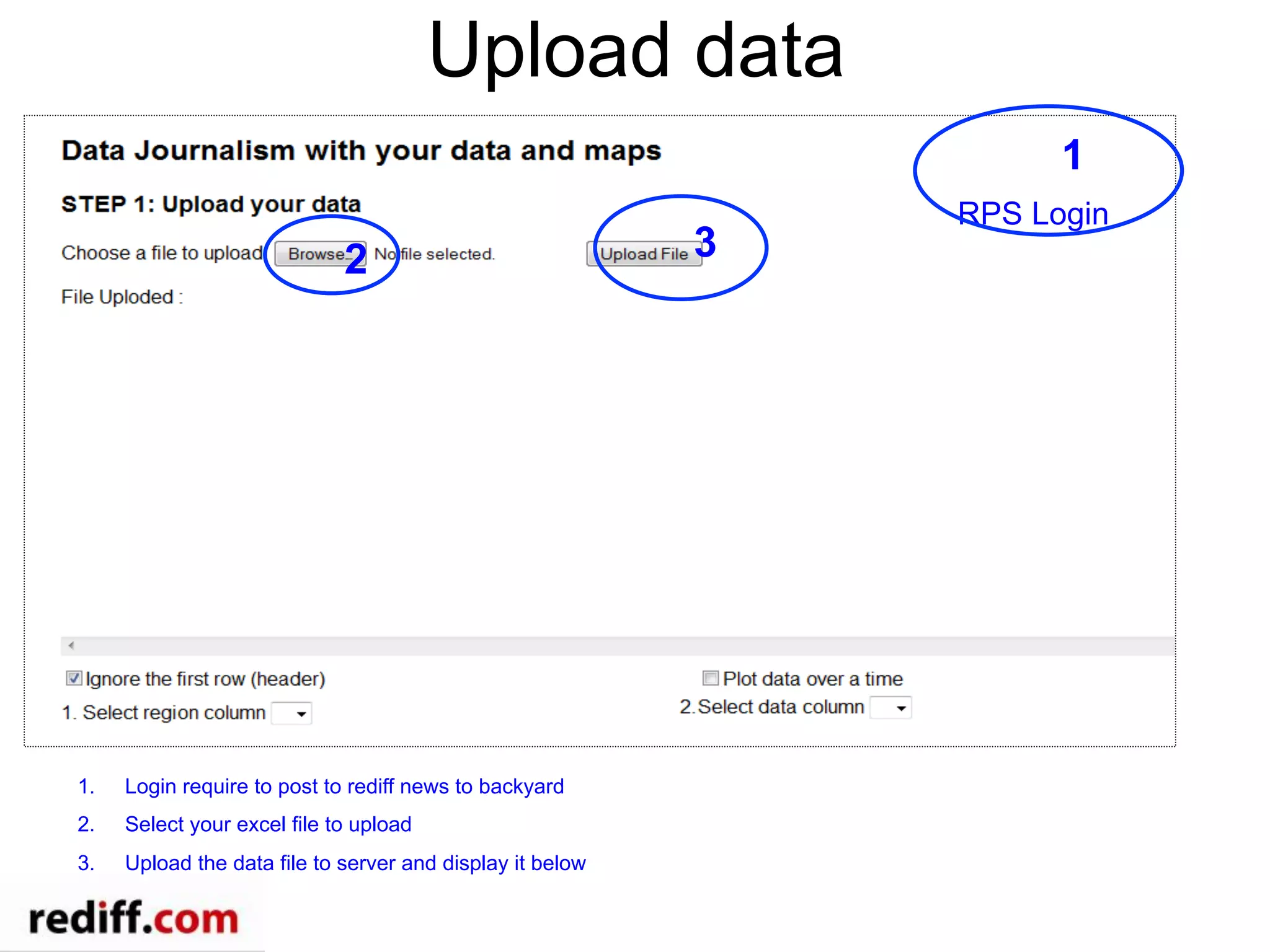 Upload data
2 3
RPS Login
1
1.  Login require to post to rediff news to backyard
2.  Select your excel file to upload
3.  Upload the data file to server and display it below
 