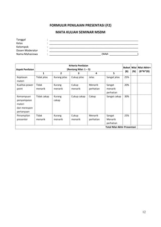 12
FORMULIR PENILAIAN PRESENTASI (F2)
MATA KULIAH SEMINAR MSDM
Tanggal : ____________________________________________________________
Kelas : ____________________________________________________________
Kelompok : ____________________________________________________________
Dosen Moderator : ____________________________________________________________
Nama Mahasiswa : ___________________________________ (NIM: ___________________)
Aspek Penilaian
Kriteria Penilaian
(Rentang Nilai: 1 – 5)
Bobot
(B)
Nilai
(N)
Nilai Akhir=
(B*N*20)
1 2 3 4 5
Kejelasan
materi
Tidak jelas Kurang jelas Cukup jelas Jelas Sangat jelas 25%
Kualitas power
point
Tidak
menarik
Kurang
menarik
Cukup
menarik
Menarik
perhatian
Sangat
menarik
perhatian
20%
Kemampuan
penyampaian
materi
dan merespon
pertanyaan
Tidak cakap Kurang
cakap
Cukup cakap Cakap Sangat cakap 30%
Penampilan
presenter
Tidak
menarik
Kurang
menarik
Cukup
menarik
Menarik
perhatian
Sangat
Menarik
perhatian
25%
Total Nilai Akhir Presentasi
 