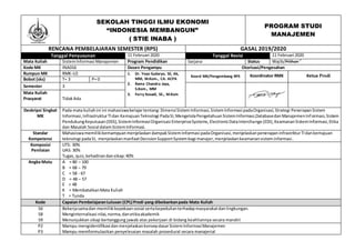 SEKOLAH TINGGI ILMU EKONOMI
“INDONESIA MEMBANGUN”
( STIE INABA )
PROGRAM STUDI
MANAJEMEN
RENCANA PEMBELAJARAN SEMESTER (RPS) GASAL 2019/2020
Tanggal Penyusunan 11 Februari 2020 Tanggal Revisi 11 Februari 2020
Mata Kuliah SistemInformasi Manajemen Program Pendidikan Sarjana Status Wajib/Pilihan)*
Kode MK INA016 Dosen Pengampu Otorisasi/Pengesahan
Rumpun MK RMK-U2 1. Dr. Yoyo Sudaryo, SE, Ak,
MM, M.Kom., CA. ACPA
2. Rama Chandra Jaya,
S.Kom., MM
3. Ferry Kosadi, SE., M.Kom
Koord MK/Pengembang RPS Koordinator RMK Ketua Prodi
Bobot (sks) T= 3 P= 0
Semester 3
Mata Kuliah
Prasyarat TidakAda
Deskripsi Singkat
MK
Pada mata kuliahini ini mahasiswabelajartentang: DimensiSistemInformasi,SistemInformasi padaOrganisasi,Strategi PenerapanSistem
Informasi,InfrastrukturTIdan KemajuanTeknologi PadaSI,MengelolaPengetahuanSistemInformasi,DatabasedanManajemenInformasi,Sistem
PendukungKeputusan(DSS),SistemInformasiOrganisasi EnterpriseSystems,ElectronicDataInterchange (EDI),KeamananSistemInformasi,Etika
dan Masalah Sosial dalamSistemInformasi.
Standar
Kompetensi
Mahasiswamemilikikemampuanmenjelaskan dampakSistemInformasi padaOrganisasi,menjelaskanpenerapaninfrastrkturTIdankemajuan
teknologi padaSI, menjelaskanmanfaatDecisionSupportSystembagi manajer,menjelaskankeamanansisteminformasi.
Komposisi
Penilaian
UTS: 30%
UAS: 30%
Tugas, quiz,kehadirandansikap:40%
Angka Mutu A = 80 – 100
B = 68 – 79
C = 58 - 67
D = 48 – 57
E < 48
K = MembatalkanMata Kuliah
T = Tunda
Kode Capaian PembelajaranLulusan (CPL) Prodi yang dibebankanpada Mata Kuliah
S6
S8
S9
Bekerjasamadan memiliki kepekaansosial sertakepedulianterhadapmasyarakatdanlingkungan.
Menginternalisasi nilai,norma,danetikaakademik
Menunjukkan sikap bertanggung jawab atas pekerjaan di bidang keahliannya secara mandiri
P2
P3
Mampu mengidentifikasi danmenjelaskankonsepdasarSistemInformasiManajemen
Mampu memformulasikan penyelesaian masalah prosedural secara manajerial
 
