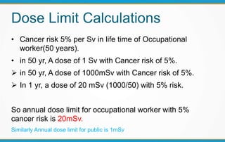 Dose Limit Calculations
• Cancer risk 5% per Sv in life time of Occupational
worker(50 years).
• in 50 yr, A dose of 1 Sv with Cancer risk of 5%.
 in 50 yr, A dose of 1000mSv with Cancer risk of 5%.
 In 1 yr, a dose of 20 mSv (1000/50) with 5% risk.
So annual dose limit for occupational worker with 5%
cancer risk is 20mSv.
Similarly Annual dose limit for public is 1mSv
 