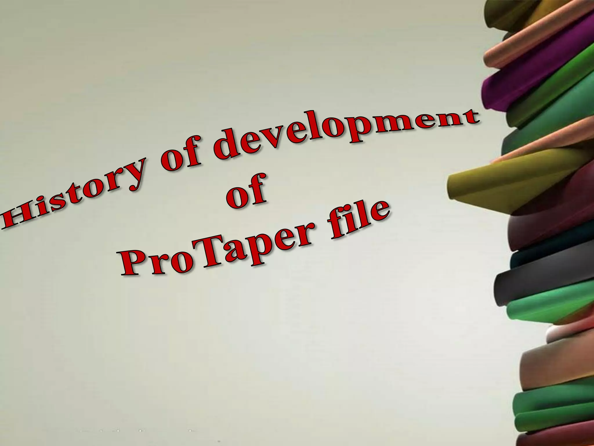 • Various brands of NiTi rotary systems introduced:
• The rotary instruments improve:
1. Working safety
2. Shorten working time
3. Well-shaped root canals
4. Few canal transportations
• These instruments are generally used in low speed torque control hand piece with 360
degree file rotation and rotation rate of 150-350 RPM; however, they differ from one to
another in the cross sectional geometry, rack angle, tip design and taper.
6. Flex Master
7. Race
8. Quantec
9. Mtwo
10. ProTaper
1. Profile
2. GT file
3. Light speed
4. Hero 642
5. K3
 