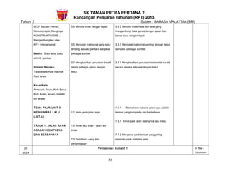 SK TAMAN PUTRA PERDANA 2
Rancangan Pelajaran Tahunan (RPT) 2013
Tahun 2 Subjek : BAHASA MALAYSIA (BM)
BCB- Bacaan intensif,
Menulis cepat, Mengingat
KONSTRUKTIVISME -
Mengembangkan idea
KP – Interpersonal
Media: Buku teks, buku
aktiviti, gambar
Sistem Bahasa:
Tatabahasa:Ayat majmuk.
Ayat tanya
Kosa Kata:
Ambuyat, Baulu, Kuih Bakul,
Kuih Bulan, acuan, melekit,
biji teratai
TEMA PKJR:UNIT 5
MENGIMBAS LALU
LINTAS
TAJUK 1: JALAN RAYA
ADALAH KOMPLEKS
DAN BERBAHAYA
3.4 Menulis imlak dengan tepat.
3.5 Mencatat maklumat yang betul
tentang sesuatu perkara daripada
pelbagai sumber.
3.7 Menghasilkan penulisan kreatif
dalam pelbagai genre dengan
betul.
1.1 Jenis-jenis jalan raya
1.5 Aliran lalu lintas – arah lalu
lintas
7.3 Pemilihan ruang dan
pengimbasan
3.4.2 Menulis imlak frasa dan ayat yang
mengandungi kata ganda dengan ejaan dan
tanda baca dengan tepat.
3.5.1 Mencatat maklumat penting dengan betul
daripada pelbagai sumber.
3.7.1 Menghasilkan penulisan berbentuk naratif
secara separa terkawal dengan betul.
1.1.1 Memahami bahawa jalan raya adalah
tempat yang kompleks dan berbahaya.
1.5.1 Kenal pasti arah datangnya lalu lintas.
7.1.3 Mengenal pasti tempat yang paling
selamat untuk melintas jalan.
20
20-24
Pentaksiran Sumatif 1 24 Mei –
Cuti Umum
34
 