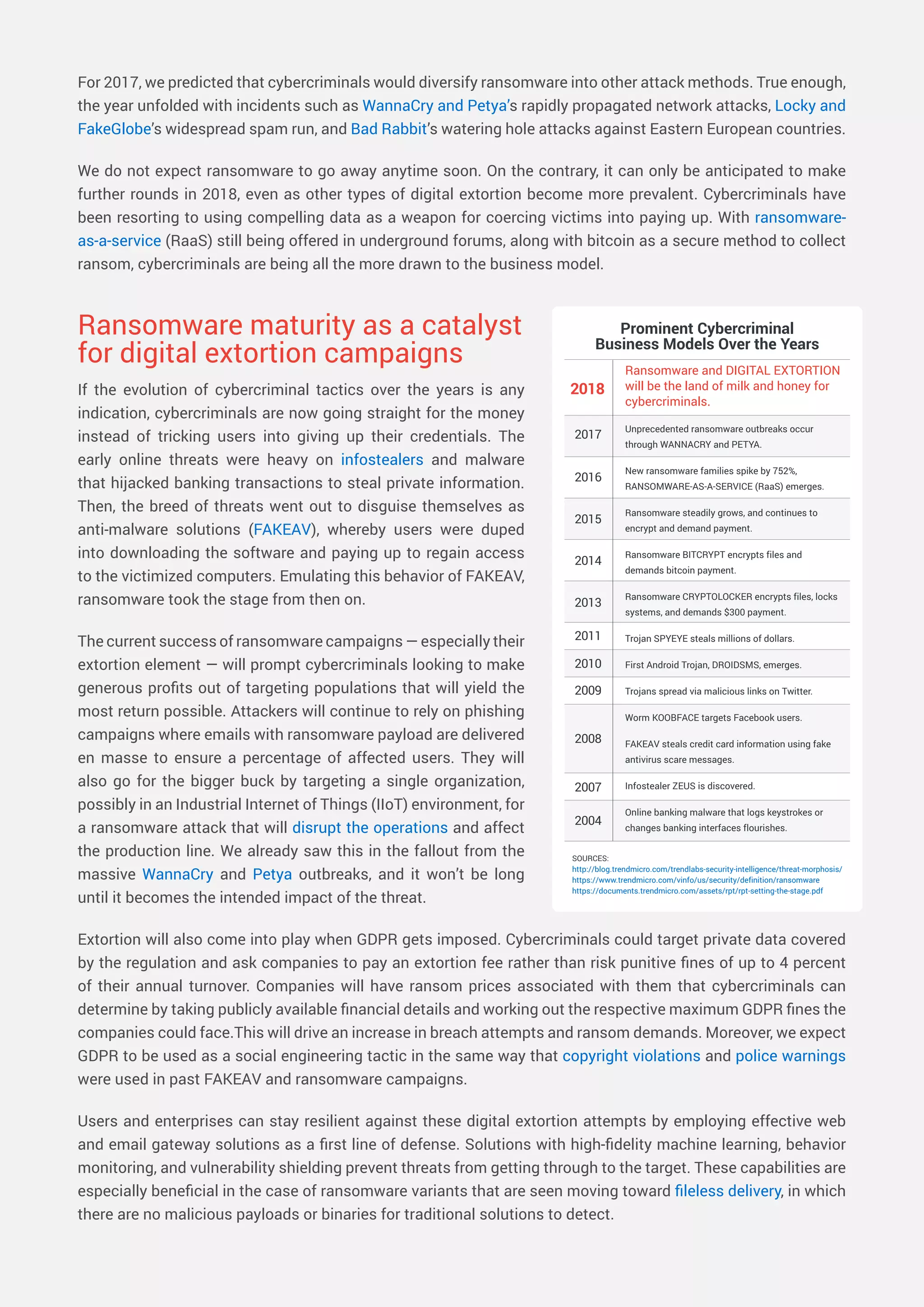 For 2017, we predicted that cybercriminals would diversify ransomware into other attack methods. True enough,
the year unfolded with incidents such as WannaCry and Petya’s rapidly propagated network attacks, Locky and
FakeGlobe’s widespread spam run, and Bad Rabbit’s watering hole attacks against Eastern European countries.
We do not expect ransomware to go away anytime soon. On the contrary, it can only be anticipated to make
further rounds in 2018, even as other types of digital extortion become more prevalent. Cybercriminals have
been resorting to using compelling data as a weapon for coercing victims into paying up. With ransomware-
as-a-service (RaaS) still being offered in underground forums, along with bitcoin as a secure method to collect
ransom, cybercriminals are being all the more drawn to the business model.
Ransomware maturity as a catalyst
for digital extortion campaigns	
If the evolution of cybercriminal tactics over the years is any
indication, cybercriminals are now going straight for the money
instead of tricking users into giving up their credentials. The
early online threats were heavy on infostealers and malware
that hijacked banking transactions to steal private information.
Then, the breed of threats went out to disguise themselves as
anti-malware solutions (FAKEAV), whereby users were duped
into downloading the software and paying up to regain access
to the victimized computers. Emulating this behavior of FAKEAV,
ransomware took the stage from then on.
The current success of ransomware campaigns — especially their
extortion element — will prompt cybercriminals looking to make
generous profits out of targeting populations that will yield the
most return possible. Attackers will continue to rely on phishing
campaigns where emails with ransomware payload are delivered
en masse to ensure a percentage of affected users. They will
also go for the bigger buck by targeting a single organization,
possibly in an Industrial Internet of Things (IIoT) environment, for
a ransomware attack that will disrupt the operations and affect
the production line. We already saw this in the fallout from the
massive WannaCry and Petya outbreaks, and it won’t be long
until it becomes the intended impact of the threat.
Extortion will also come into play when GDPR gets imposed. Cybercriminals could target private data covered
by the regulation and ask companies to pay an extortion fee rather than risk punitive fines of up to 4 percent
of their annual turnover. Companies will have ransom prices associated with them that cybercriminals can
determine by taking publicly available financial details and working out the respective maximum GDPR fines the
companies could face.This will drive an increase in breach attempts and ransom demands. Moreover, we expect
GDPR to be used as a social engineering tactic in the same way that copyright violations and police warnings
were used in past FAKEAV and ransomware campaigns.
Users and enterprises can stay resilient against these digital extortion attempts by employing effective web
and email gateway solutions as a first line of defense. Solutions with high-fidelity machine learning, behavior
monitoring, and vulnerability shielding prevent threats from getting through to the target. These capabilities are
especially beneficial in the case of ransomware variants that are seen moving toward fileless delivery, in which
there are no malicious payloads or binaries for traditional solutions to detect.
SOURCES:
http://blog.trendmicro.com/trendlabs-security-intelligence/threat-morphosis/
https://www.trendmicro.com/vinfo/us/security/definition/ransomware
https://documents.trendmicro.com/assets/rpt/rpt-setting-the-stage.pdf
Prominent Cybercriminal
Business Models Over the Years
Ransomware and DIGITAL EXTORTION
will be the land of milk and honey for
cybercriminals.
Unprecedented ransomware outbreaks occur
through WANNACRY and PETYA.
New ransomware families spike by 752%,
RANSOMWARE-AS-A-SERVICE (RaaS) emerges.
Ransomware steadily grows, and continues to
encrypt and demand payment.
Ransomware BITCRYPT encrypts files and
demands bitcoin payment.
Ransomware CRYPTOLOCKER encrypts files, locks
systems, and demands $300 payment.
Trojan SPYEYE steals millions of dollars.
First Android Trojan, DROIDSMS, emerges.
Trojans spread via malicious links on Twitter.
Worm KOOBFACE targets Facebook users.
FAKEAV steals credit card information using fake
antivirus scare messages.
Infostealer ZEUS is discovered.
Online banking malware that logs keystrokes or
changes banking interfaces flourishes.
 