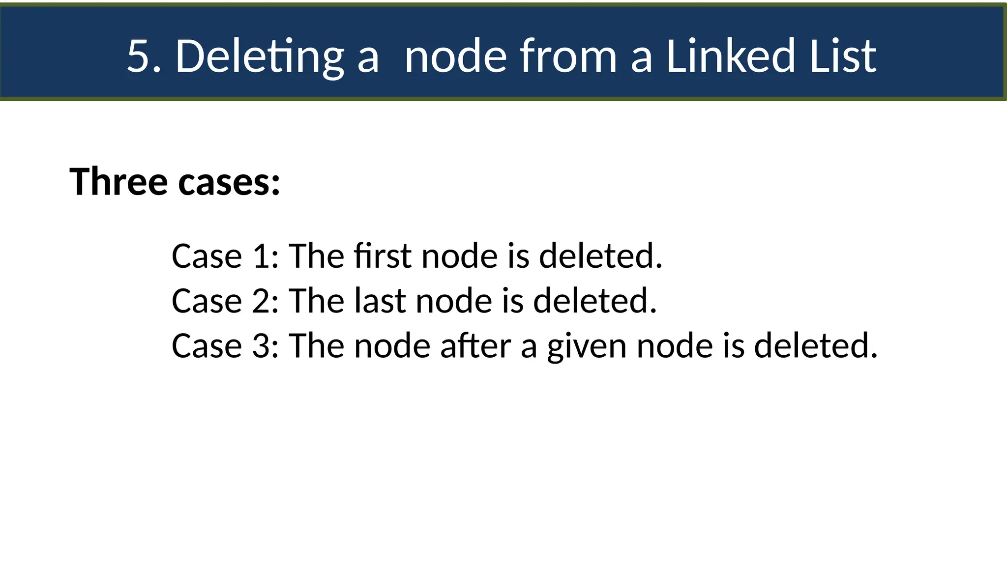 5. Deleting a node from a Linked List
Three cases:
Case 1: The first node is deleted.
Case 2: The last node is deleted.
Case 3: The node after a given node is deleted.
 