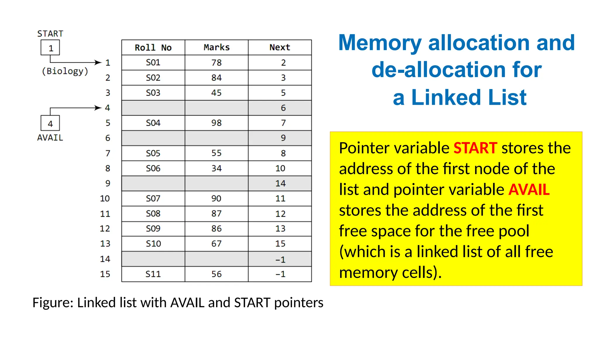 Figure: Linked list with AVAIL and START pointers
Pointer variable START stores the
address of the first node of the
list and pointer variable AVAIL
stores the address of the first
free space for the free pool
(which is a linked list of all free
memory cells).
Memory allocation and
de-allocation for
a Linked List
 