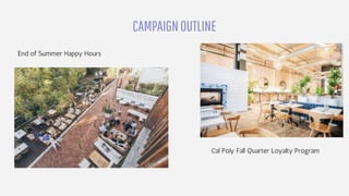CAMPAIGNOUTLINE
End of Summer Happy Hours
Cal Poly Fall Quarter Loyalty Program
 