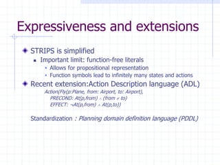 Expressiveness and extensions
STRIPS is simplified
 Important limit: function-free literals
 Allows for propositional representation
 Function symbols lead to infinitely many states and actions
Recent extension:Action Description language (ADL)
Action(Fly(p:Plane, from: Airport, to: Airport),
PRECOND: At(p,from)  (from  to)
EFFECT: ¬At(p,from)  At(p,to))
Standardization : Planning domain definition language (PDDL)
 