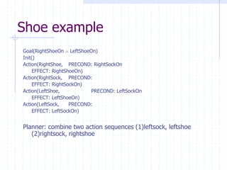 Shoe example
Goal(RightShoeOn  LeftShoeOn)
Init()
Action(RightShoe, PRECOND: RightSockOn
EFFECT: RightShoeOn)
Action(RightSock, PRECOND:
EFFECT: RightSockOn)
Action(LeftShoe, PRECOND: LeftSockOn
EFFECT: LeftShoeOn)
Action(LeftSock, PRECOND:
EFFECT: LeftSockOn)
Planner: combine two action sequences (1)leftsock, leftshoe
(2)rightsock, rightshoe
 