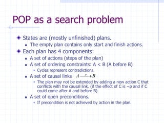 POP as a search problem
States are (mostly unfinished) plans.
 The empty plan contains only start and finish actions.
Each plan has 4 components:
 A set of actions (steps of the plan)
 A set of ordering constraints: A < B (A before B)
 Cycles represent contradictions.
 A set of causal links
 The plan may not be extended by adding a new action C that
conflicts with the causal link. (if the effect of C is ¬p and if C
could come after A and before B)
 A set of open preconditions.
 If precondition is not achieved by action in the plan.

A p

 B
 