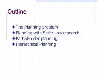 Outline
The Planning problem
Planning with State-space search
Partial-order planning
Hierarchical Planning
 