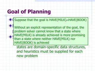 Goal of Planning
Choose actions to achieve a certain goal
But isn’t it exactly the same goal as for
problem solving?
Some difficulties with problem solving:
 The goal test is another black-box function,
states are domain-specific data structures,
and heuristics must be supplied for each
new problem
Suppose that the goal is HAVE(MILK)HAVE(BOOK)
Without an explicit representation of the goal, the
problem solver cannot know that a state where
HAVE(MILK) is already achieved is more promising
than a state where neither HAVE(MILK) nor
HAVE(BOOK) is achieved
 
