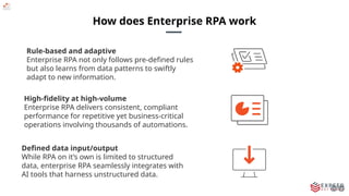 How does Enterprise RPA work
Rule-based and adaptive
Enterprise RPA not only follows pre-defined rules
but also learns from data patterns to swiftly
adapt to new information.
High-fidelity at high-volume
Enterprise RPA delivers consistent, compliant
performance for repetitive yet business-critical
operations involving thousands of automations.
Defined data input/output
While RPA on it’s own is limited to structured
data, enterprise RPA seamlessly integrates with
AI tools that harness unstructured data.
 