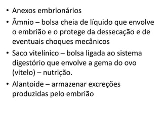 • Anexos embrionários
• Âmnio – bolsa cheia de líquido que envolve
  o embrião e o protege da dessecação e de
  eventuais choques mecânicos
• Saco vitelínico – bolsa ligada ao sistema
  digestório que envolve a gema do ovo
  (vitelo) – nutrição.
• Alantoide – armazenar excreções
  produzidas pelo embrião
 
