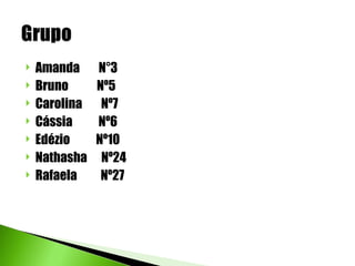    Amanda     N°3
   Bruno      Nº5
   Carolina    Nº7
   Cássia     Nº6
   Edézio     Nº10
   Nathasha    Nº24
   Rafaela     Nº27
 