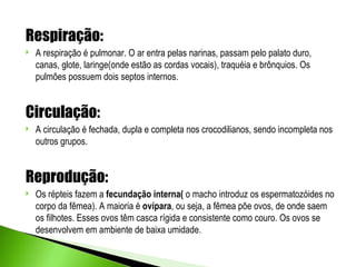 Respiração:
   A respiração é pulmonar. O ar entra pelas narinas, passam pelo palato duro,
    canas, glote, laringe(onde estão as cordas vocais), traquéia e brônquios. Os
    pulmões possuem dois septos internos.


Circulação:
   A circulação é fechada, dupla e completa nos crocodilianos, sendo incompleta nos
    outros grupos.


Reprodução:
   Os répteis fazem a fecundação interna( o macho introduz os espermatozóides no
    corpo da fêmea). A maioria é ovípara, ou seja, a fêmea põe ovos, de onde saem
    os filhotes. Esses ovos têm casca rígida e consistente como couro. Os ovos se
    desenvolvem em ambiente de baixa umidade.
 